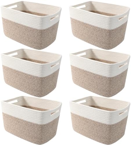 6 Pack Woven Rope Baskets, 12.6"×9"×7.8" Storage Bins, White&Brown | Storage Boxes for Toys, Books, Towels, Clothes, Shelf Baskets Organizer,Empty Gift Baskets for Living Room, Bathroom, Bedroom