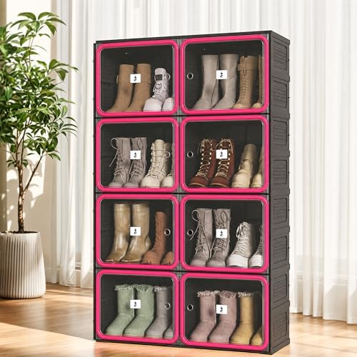 Shoe Rack Organizer, Shoe Storage Cabinet, Black 4-Tier 16-Pair | Foldable Shoe Rack for Closet with Transparent Magnetic Doors, Tool-Free Setup, Free Standing Boot Cabinet Box
