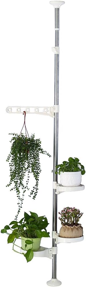 BAOYOUNI Plant Stand Tension Rod, 3 Trays&1 Arm Adjustable Ivory | Window Sill Flower Display Rack, Vertical 4-Tier Corner Storage，Indoor Pole Hanger for Counter Top & Home Decor