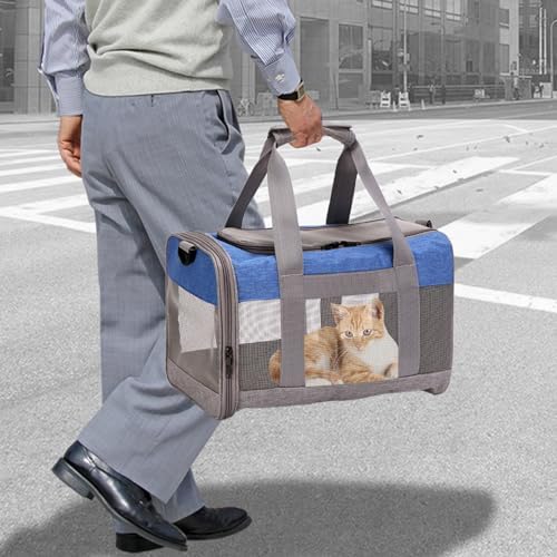 Soft Sided Pet Carrier for Cat,Airline Approved Cat Carriers Collapsible Portable Kitten Travel Crate Breathable Ventilated Grey Blue Puppy Carrying Bag Under to 12 Lb