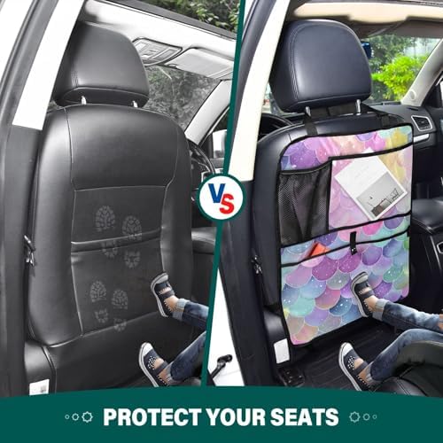 1 Pack Back Seat Car Organizer with Storage Pockets Kick Mats Back Seat Protector Hanging Car Organizer Automotive Seat Back Cover Organizers Watercolor Mermaid Scales Colors