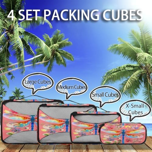 Dragonfly Pink Floral 4 Set Packing Cubes Luggage Organizer Bags for Travel Accessories and Essentials, Dragonflies Flower
