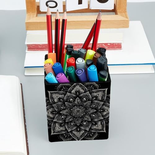 Mandala Pen Holder for Desk Decor, Rectangular PVC Leather Pencil Cup for Desk Pen Organizer, Makeup Brush Holder for School, Home, Office