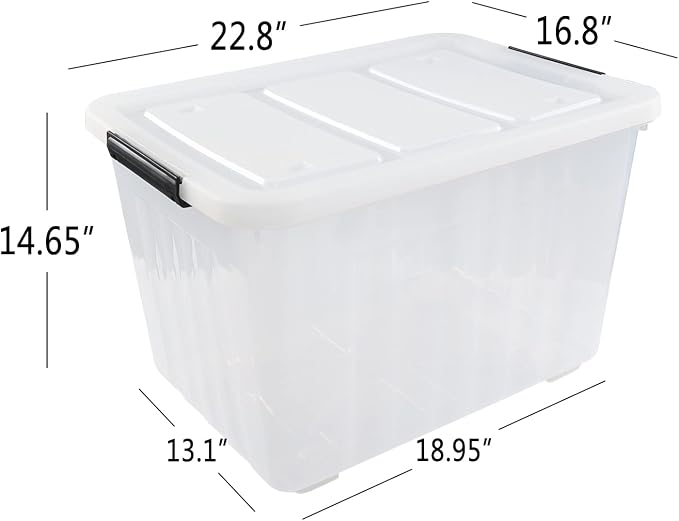 70 Qt Stackable Plastic Storage Bins with Lids, 4 Pack | Clear Heavy-Duty Tote Containers, Wheels, Nesting and Stackable Design, Closet, Garage, Pantry Storage