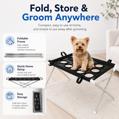 Foldable Pet Bathing Stand, Pet Grooming Hammock with Quick-Dry Mesh, 8-Hole Design, Metal Frame & Securing Strap for Small Dogs Cats Washing, Nail Trimming, Brushing (Pink)