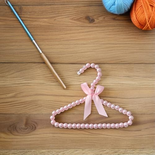 DOITOOL 5pcs Plastic Pet Hangers for Small Clothes with Elegant Pearl Beaded Design and Pink Color, Sturdy and Wear-Resistant Dog Clothing Rack for Pet Stores and Home Organization