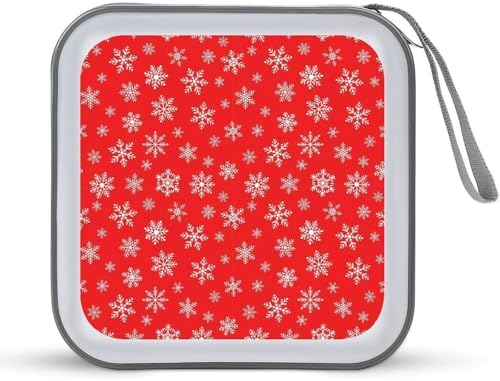 40-Capacity DVD CD Storage Wallet Red Snowflake Christmas, Heavy-Duty Hard Shell Binder, Portable Organizer with Strap for Car Travel