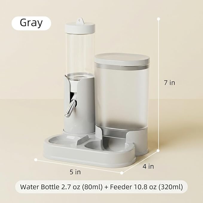 No Drip Hamster Water Bottle, 2 in 1 Automatic Hamster Water Dispenser & Food Bowl, Freestanding Small Animal Water Bottle Cage Accessories for Dwarf Hamster, Gerbil, Rat, Mice (Gray)