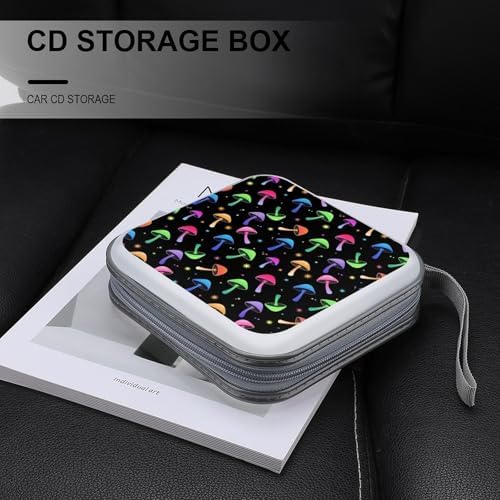 Hard Plastic CD/DVD Organizer Colorful Neon Mushrooms, 40-Disc Storage Binder with Zipper, Portable Protective Case for Car Office