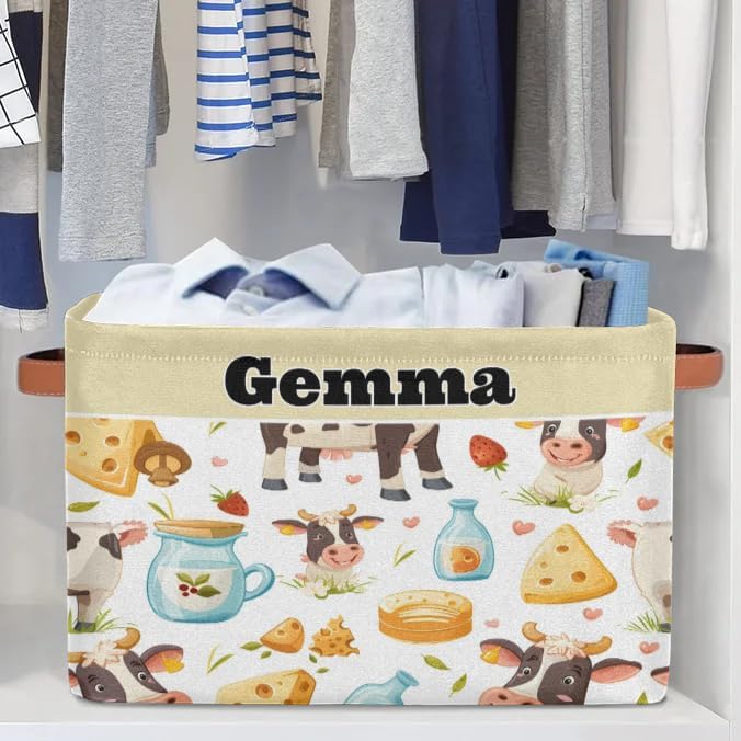 Custom Storage Basket, Personalized Name Rectangle Organizer Bin Cartoon Cow Cheese Milk for Pet/Children Toys, Books, Clothes, Perfect for Rooms/Playroom