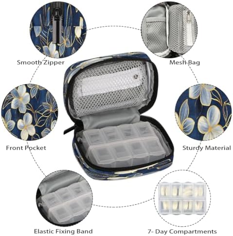 Pill Organizer Box Flowers Blue Background 7-Day Weekly Medicine Pill Case Travel Pill Container Portable Pill Holder Storage Purse Bag Small Compact Size for Vitamin Supplement Birth Control
