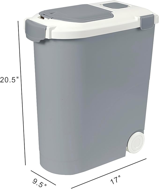 Ashfield & Harkness Airtight Pet Food Storage Container, Holds 30lbs | Grey BPA-free HDPE bin with silicone seal, measuring scoop on lid, snap latch - fits dogs, cats & more