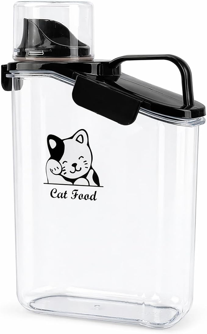 Geyecete dry cat food container with Measuring Cup & Pour Spout Portable-3 Qt/2.8 L Clear Plastic cat Food Jar Airtight Transparent-White