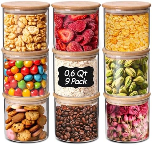 ComSaf Glass Storage Containers with Lids 0.6 Qt, 9 Pack Small Glass Jars | Small Glass Container, Spice Jar, Cookie, Candy, Family Snack Storage, Coffee Bar Organization, Size For Subpackage, BPA Free