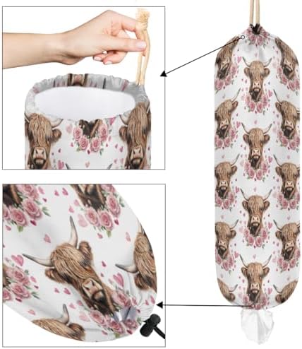 Pardick Plastic Bag Holder Heart Rose Highland Cow Wall Mount Grocery Bag Holder Wasgable Plastic Bag Dispenser Garbage Bag Organizer for Home Kitchen Decor, Gifts for Women Mom Family Friends