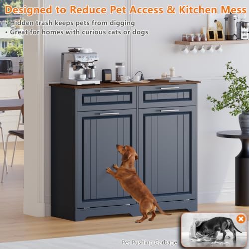 Double 10 Gallon Tilt Out Trash Can Cabinet with Deodorizing Function and Power Outlet, Wooden Hidden Garbage Can Holder with 2 Storage Drawers for Kitchen, Laundry Hamper Cabinet for Bathroom, Blue