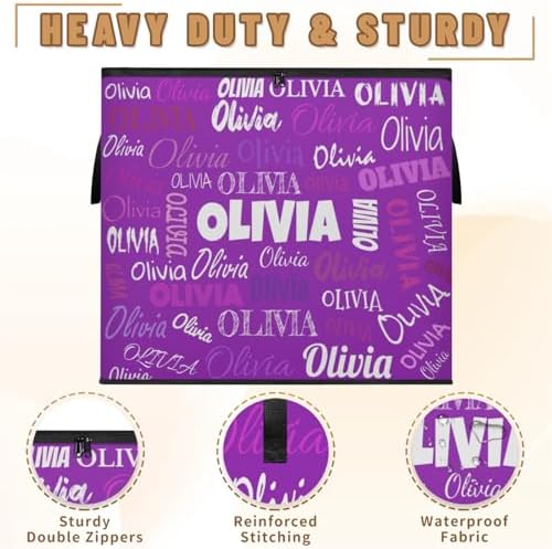 Personalized Storage Bins with Lid, Customized Name Jumbo Storage Basket Rectangle Clothes Organizer for Organizing Kids and Pets Toys Shelf Closet, Dark Voilet Purple Background