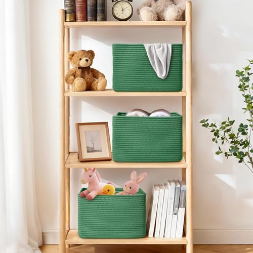 Storage Baskets for Organizing, 4 Pack Baskets for Shelves, Decorative Storage Bins for Shelves, Cotton Rope Storage Basket with Handles, Woven Basket for Storage, 13''Lx8.7''Wx7.9''H, Green