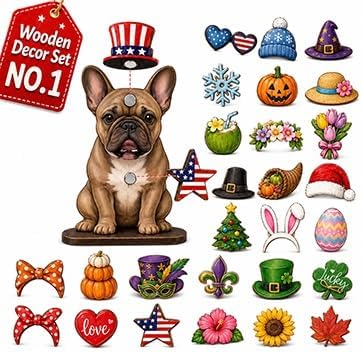 Interchangeable Seasonal Animal Wooden Decor Set | Magnetic Holiday Cat Dog Desk Sign Animals Figurines Tabletop Ornament to Dress up, Pet Magnetic Accessories with Hats(#E)