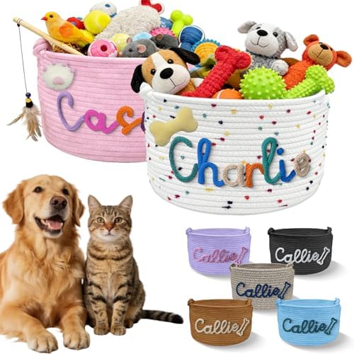 Personalized Dog Toy Storage Basket Custom Pet Woven Cotton Rope Bin with Name Customized Cotton Rope with Handle Storage Box for Pet Supplies Snacks Toys Clothing Blankets