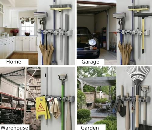 PP Plastic Multi-Function Broom & Mop Wall Mount Holder (16.93.352.36in, Gray) - Screw-Mounted Space Saver for Kitchen/Garage/Garden Tool Organization