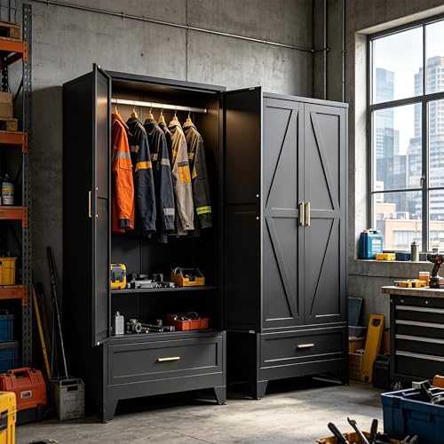 71" H Broom Closet Storage Cabinet,Laundry Storage Cabinet,Metal Garage Storage Cabinet,Black Storage Cabinets,Utility Cabinet