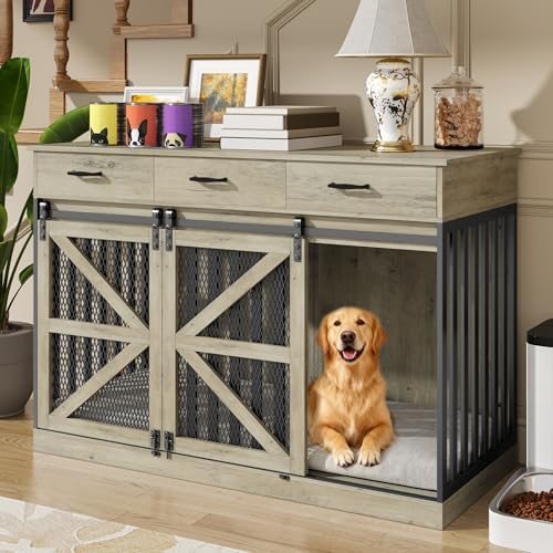 kepptory 48 Inch Large Dog Crate Furniture with 3 Storage Drawers, Wooden Pet Kennel with Removable Divider, Dog Kennel End Table TV Stand, Farmhouse Style Dog Crates with Sliding Barn Door(Grey)