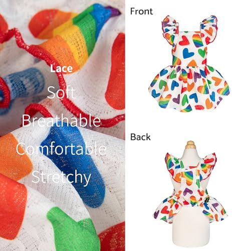 Fitwarm Colorful Heart Dog Dress, Summer Clothes for Small Dogs Girl, Cute Pet Rainbow Outfit, Red, Yellow, Blue, Green, White, Medium