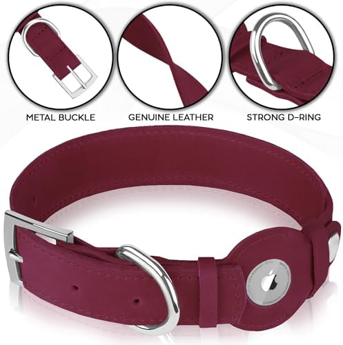 Leather Dog Collar with Airtag Holder - Apple Air Tag Dog Collars - Soft Tracking GPS Pet Collar for Small Medium Large Dogs Breed Puppy (Burgundy, L, 15"-19" Neck Fit)