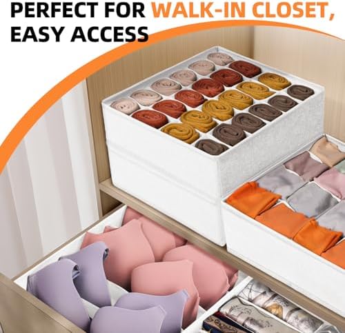 Criusia Drawer Organizer - 6 Set Clothes Organizer for Closet & Bedroom - 90 Cells Bins for Sock, Underwear, Bra, Baby Clothes - Washable & 10xDurable than Non-Woven Fabric (White)