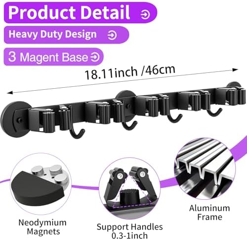 Magnetic Broom Holder Wall Mount - Heavy Duty Non-Slip Mop Hanger with 4 Hooks And 5 Rack, No Drill Tool Organizer for Refrigerator,Garage,Laundry Room (Black, 5Racks 4Hooks)