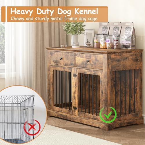 PRETZI Dog Crate Furniture, 44 Inch Wooden Dog Kennel Indoor with 2 Storage Drawers, Heavy Duty Large Crate Furniture, Rustic Style Decorative End Table Cage for Small/Medium/Large (Brown)