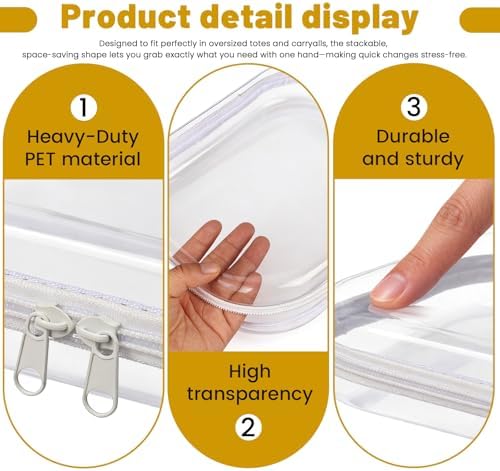 3 Pack Plastic Clear Hard Shell Zipper Case, Waterproof Clear Zipper Pouches Hard Shell, Large Size Zipper Pouches for Travel, Makeup Bag Organizer