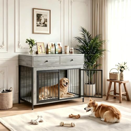 2 Pcs Large Dog Kennel Furniture with 2 Drawers, Wooden Dog Crate, Grey | 44 inch dog crate furniture with storage, decorate end table, dog cage for small medium large dogs