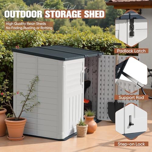 TUOZE 34 Cu Ft Resin Storage Shed, Waterproof Outdoor Storage Cabinet with Sloping Roof & Lockable Lid for Garden Tools, Trash Cans (Beige)