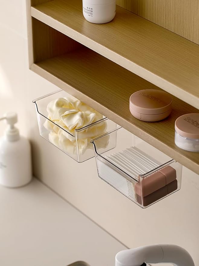 Medicine Cabinet Organizer Wall Mount,Small Pull-Out Organizer Box,Self-adhesive Under Medicine Cabinet Drawer Holder,Make Up Storage for Bathroom Mirror Cabinets, Clear