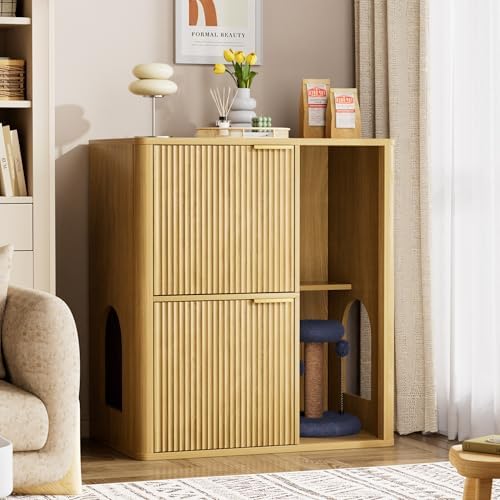 31.5 Inch Cat Litter Box Enclosure with Cat Tree Cabinet, Natural | Hidden Litter Box Furniture with Dual Entry Doors, Storage Shelf, Sisal Scratching Post and Modern Side Table Design