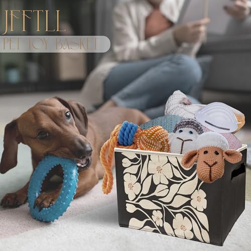 Boho Black and Beige Floral Storage Bins with Handles, Abstract Boho Neutral Flower Botanical Collapsible Laundry Basket Storage Box for Home Bedroom Bathroom Clothes Toys Books