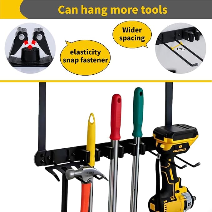 Broom Holder Door Mount,Door Mounted Broom and Mop Holder with Dual Tool Hooks, Three Slots, and One Tool Storage Basket For Laundry Room, Garage, Closet, warehouse, Kitchen Decor (black)