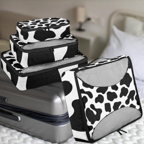 Cow Print 4 Set Packing Cubes Luggage Organizer Bags for Travel Accessories and Essentials, Black Cow Print