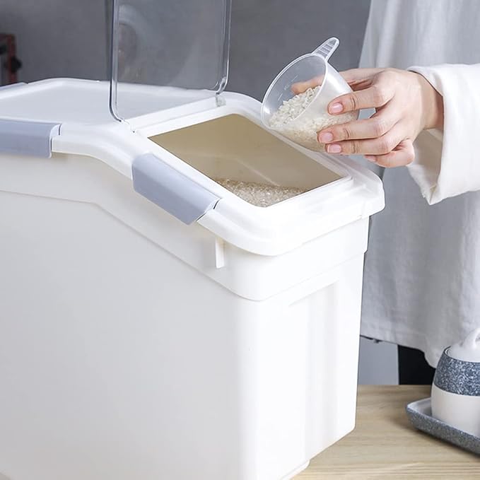 25lb Airtight Flour Storage Container, Gray | Includes Wheels & Scoop, 2-Pack, for Rice/Grain/Dog Food, Seal Locking Lid