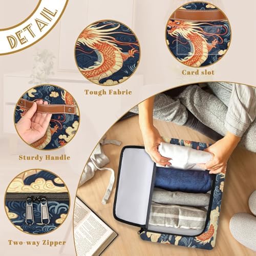 Japanese Dragon Animal Storage Bins with Zipper Lid Foldable Fabric Organizer Box with Handles Rectangular Closet Clothes Organizer Containers
