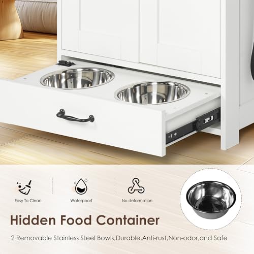 Pet Feeding Station Cabinet with Pull Out Bowls, Adjustable Shelves, Elevated Dog Cat Feeder, Storage Organizer, Side Hooks, Anti Tip Wall Anchor, Hidden Drawer, Leash Holder, Home Furniture