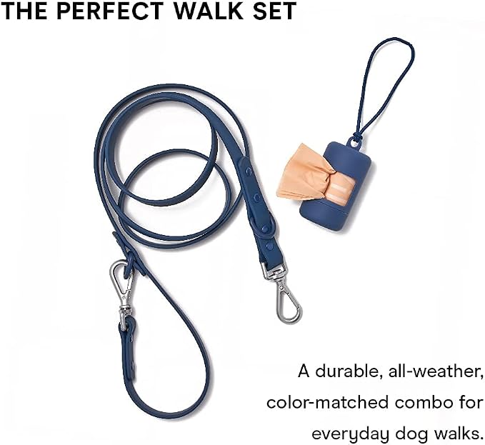 Wild One Nylon Adjustable Length Leash 5.5 Feet and Poop Bag Carrier Set, Waterproof, Odor Resistant, Blue