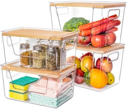 Criusia 2 Large and 2 Small Pantry Organizers and Storage with Bamboo Lids, Stackable Clear Bins for Onion, Potato, Fruit, Vegetables, Trash Bag Dispenser, Kitchen and Under Sink Organizer