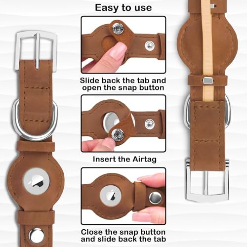 Leather Dog Collar with Airtag Holder - Apple Air Tag Dog Collars - Soft Tracking GPS Pet Collar for Small Medium Large Dogs Breed Puppy (Brown, L, 15"-19" Neck Fit)