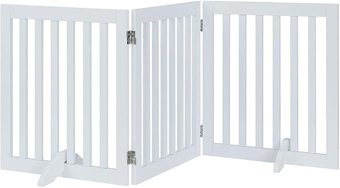 unipaws 24”H Free Standing Pet Gate for Dog Cat, 60”Wide Wooden Dog Gates | Foldable Pet Fence for Doorway, Stairs, Step, Expandable Doggy Barrier, Indoor Use, White