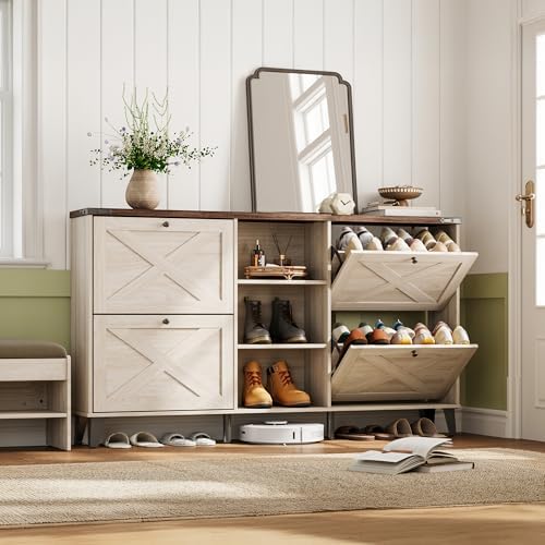 LINSY 63" Farmhouse Shoe Storage Cabinet Washed White | Tall Flip-Drawer Shoe Rack for Entryway, Adjustable Shelves for Boots, Heels & Sneakers Wood Finish with Sturdy Metal Legs