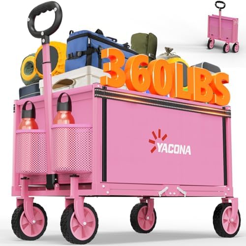 YACONA 3 in 1 Wagons Carts Foldable, 360LBS Lightweight Wagon with All Terrain Wheels, Collapsible Wagon Cart for Grocery, Camping, Beach, Garden & Sports