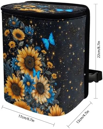 Blue Butterfly Sunflower Print Car Trash Can - Foldable, Automotive Garbage Bin with Leak Proof Hanging Bag